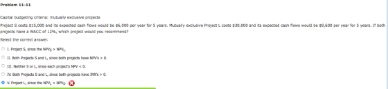 Problem 11-11 Capital budgeting criteria: mutually exclusive projects Project S costs $15,000 and its expected cash flows wou