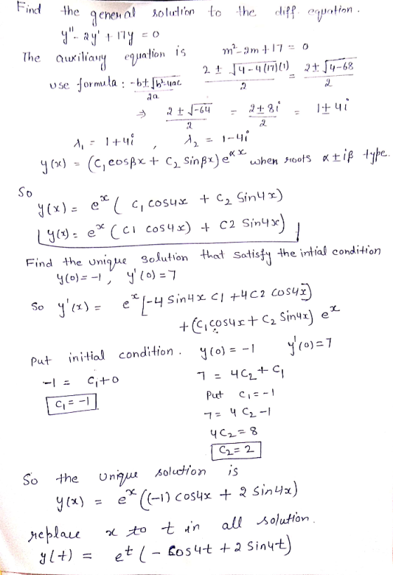 Find the gene al olutton to the dliff. cuation The aurilia atlon is 2 J-417)1) 2y-68 se formula: -btbuac 1-4 x)=C, eosAx + C2