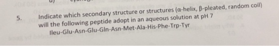 Indicate which secondary structure or structures (a-helix, β-pleated, random coil) will the following peptide adopt in an aqueous solution at pH 7 5. leu-Glu-Asn-Glu-GIn-Asn-Met-Ala-His-Phe-Trp-Tyr