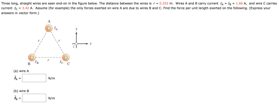 Three long, straight wires are seen end-on in the figure below. The distance between the wires is r = 0.252 m. Wires A and B