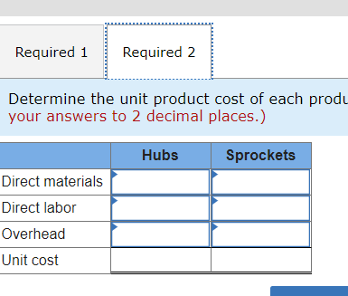 Required 1 Required 2 Determine the unit product cost of each produ your answers to 2 decimal places.) Hubs Sprockets Direct