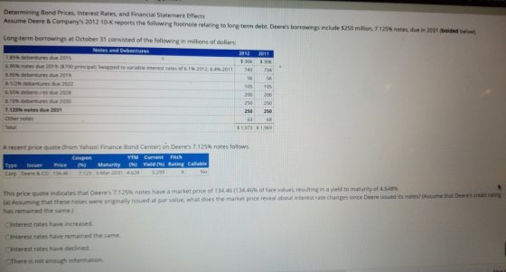 Determining Bond Prices, Interest Rates, and Financial Statement Effects Assume Deere & Companys 2012 10-K reports the follo