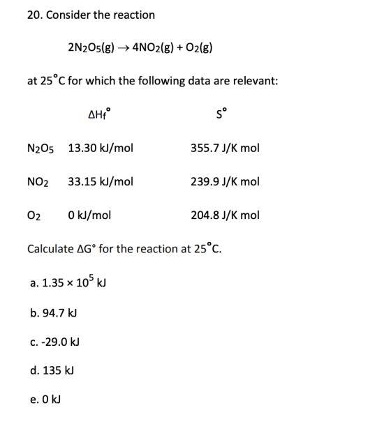 20. Consider the reaction 2N2O5(g)4NO2(g) + O2(g) at 25 C for which the following data are relevant: Дн 13.30 kJ/mol 355.7 J/