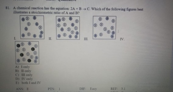 C. Which of the following figures best 81. A chemical reaction has the equation: 2A + B illustrates a stoichiometric ratio of