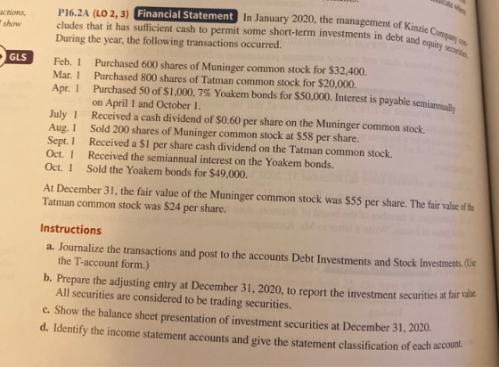 P16.2A (LO 2, 3) Financial Statement In January 2020, the management of Kinzie Compatty or cludes that it has sufficient cash