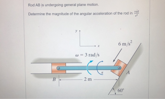 Rod AB is undergoing general plane motion. rad Determine the magnitude of the angular acceleration of the rod in 6 m/s w = 3