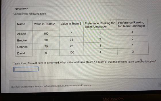 QUESTION 4 Consider the following table: Name Value in Team A Value in Team B Preference Ranking for Preference Ranking Team