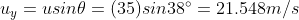 u_y= usin\theta= (35) sin38^\circ= 21.548 m/s