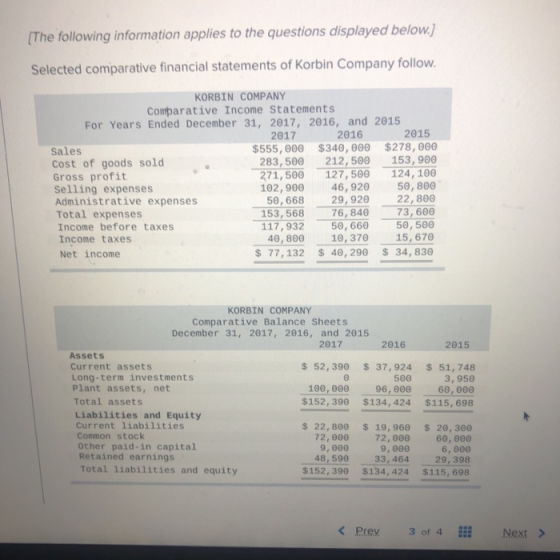 [The following information applies to the questions displayed below.) Selected comparative financial statements of Korbin Com