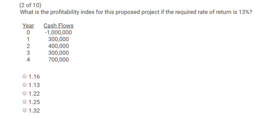 (2 of 10) What is the profitability index for this proposed project if the required rate of return is 13%? Year Cash Flows -1