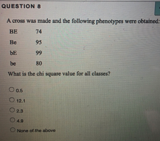 QUESTION 8 A cross was made and the following phenotypes were obtained: 74 BE Be DE be What is the chi square value for all c