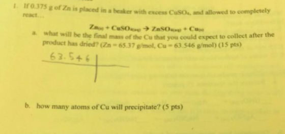 If 0.375 g of Zn is placed in a beaker with excess