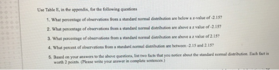 Use Table E, in the appendix, for the following questions 1. What percentage of observations from a standard normal distribut
