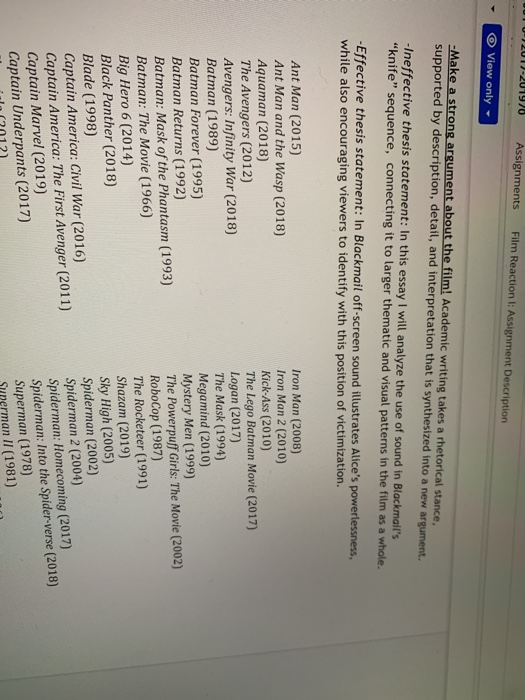 T0201)-201978 Assignments Film Reaction l: Assignment Description View only Make a strong argument about the film! Academic w