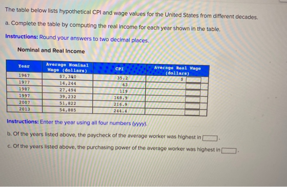 The table below lists hypothetical CPI and wage values for the United States from different decades. a. Complete the table by