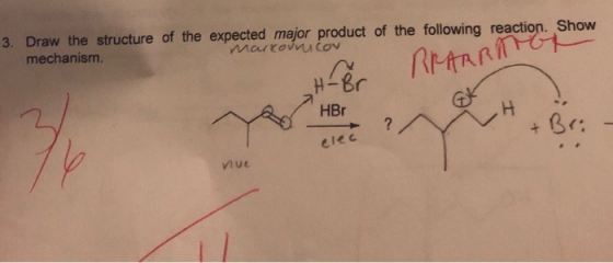 3. Draw the structure of the expected major product of the following reaction. Show mechanism Markorncov RRARRANGE -H-Br Le H