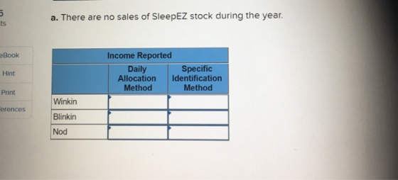 ūUI a. There are no sales of SleepEZ stock during the year. eBook Hint Income Reported Daily Specific Allocation Identificati