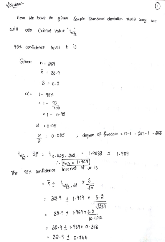 Heie hle have #o gi ten Jample Siandoxd deviaion thats coay we Cúin use Cailica, Value 95% confidence level Giuen n- Q69 α: 1-95ゾ 1- 95 tO0 21-0.95 冫degree of freedom-n-)之069-1 868 ← .025 ,868 , 1.9688 I.969 The 95% Confidence interval of wis :39 1969 x 6.52 a69 a 32.9 1.969r6-2 6 4012