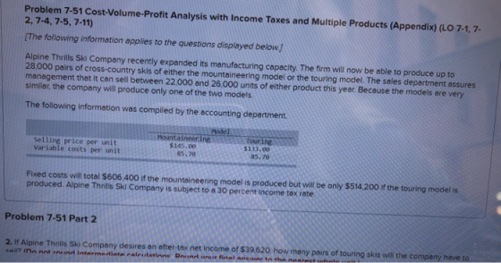 Problem 7-51 Cost-Volume-Profit Analysis with Income Taxes and Multiple Products (Appendix) (LO 7-1, 7- 2, 7-4, 7-5, 7-11) [T