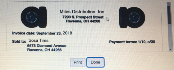 Miles Distribution, Inc. 7290 S. Prospect Street Ravenna, OH 44266 Invoice date: September 23, 2018 Sold to: Sosa Tires 6678