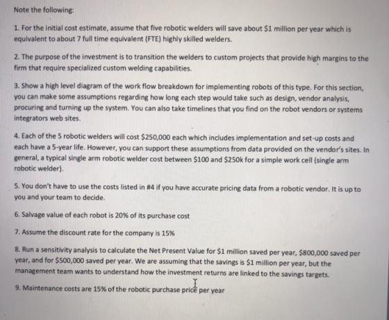 Note the following: 1. For the initial cost estimate, assume that five robotic welders will save about $1 million per year wh
