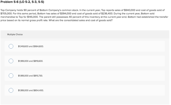 Problem 5-6 (LO 5-2, 5-3, 5-5) Top Company holds 90 percent of Bottom Companys common stock. In the current year, Top report