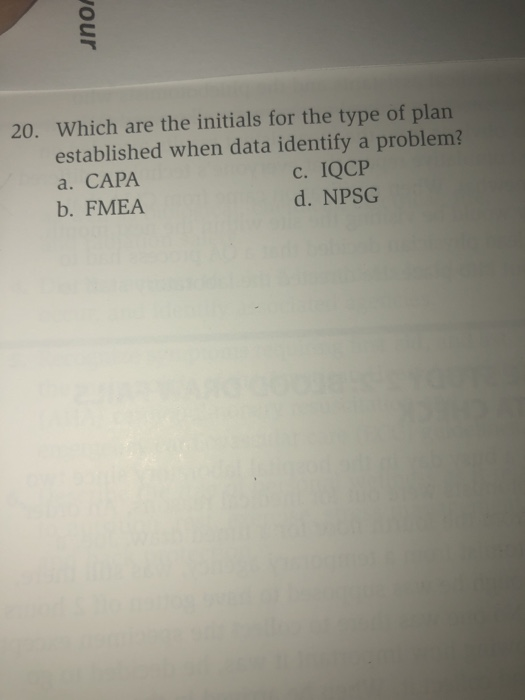Jour 20. Which are the initials for the type of plan established when data identify a problem? a. САРА с. IQCP b. FMEA d. NPS