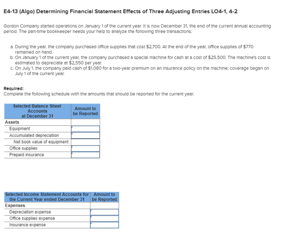E4-13 (Algo) Determining Financial Statement Effects of Three Adjusting Entries L04-1, 4-2 Gordon Company started operations