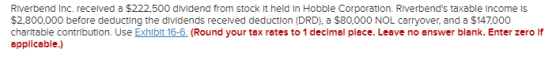 Riverbend Inc. recelved a $222,500 dividend from stock It held In Hobble Corporation. Riverbends taxable Income Is $2,800,000 before deducting the dividends recelved deduction (DRD), a $80,000 NOL carryover, and a $147000 charltable contribution. Use Exhlbit 16-6. (Round your tex rates to 1 decimal plece. Leave no answer blank. Enter zero If applicable.)
