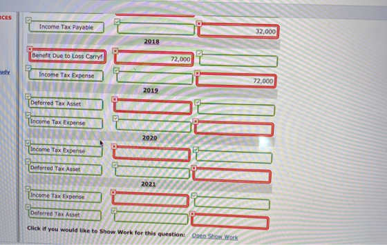 RCES Income Tax Payable 32,000 2018 Benefit Due to Loss Carryf T 72,000 V udy. T Income Tax Expense S 72,000 2019 Deferred Ta
