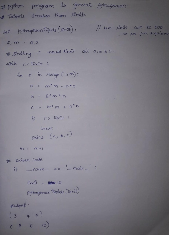 python # Teuplets program to smaller thom generate pythagorean. limits. Il here limit can be 500 as per your equiremer all a,