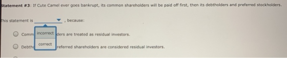 Statement #3: If Cute Camel ever goes bankrupt, its common shareholders will be paid off first, then its debtholders and pref