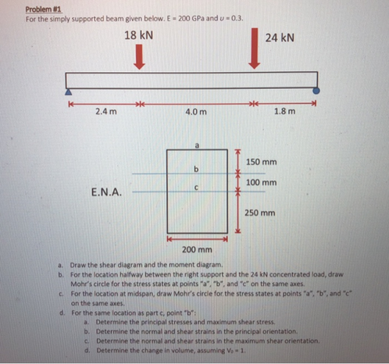 Problem #1 For the simply supported beam given below. E-200 GPa and u-o3. 18 kN 24 kN 2.4 m 4.0 m 1.8 m 150 mm 100 mm E.N.A 2