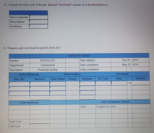 2. Compute the total cost of the job (Round Overhead answer to 2 decimal places Direct materials Direct labour Overhead 3. Pr