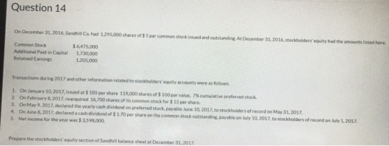 Question 14 On December 31,2016, Sandhill Co. had 1.295,000 shares of $ 5 par common stock issued and outstanding At December 31, 2016, stockholders equity had the amounts listed here. Common Stock Additional Paid-in Capital Retained Earnings $ 6,475,000 1,730,000 1.205,000 Transactions during 2017 and other information related to stockholders equity accounts were as folows 1. On January 10, 2017, issued at $ 105 per share 1 19,000 shares ors 100 par value, 7% cumulative preferred stock 2. On February &,2017,reacquired 16,700 shares of its common stock for $ 15 per share. 3. On May 9,2017, declared the yearly cash dividend on preferred stock, payable june 10, 2017, to stockholders of record on May 31, 2017 4 On June 8,2017, declared a cash dividend of $ 1.70 per share on the common stock outstanding, payable on July 10,2017, to stockhoiders of record on July 1 2017 5. Net income for the year was $3,598,000 Prepare the stockholders equity section of Sandthill balance sheet at December 31,2017