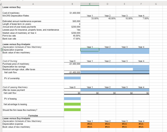 Lease versus Buy $1,400,000 Cost of machinery MACRS Depreciation Rates: Year 1 33.00% Year 2 45.00% Year 3 15.00% Year 4 7.00