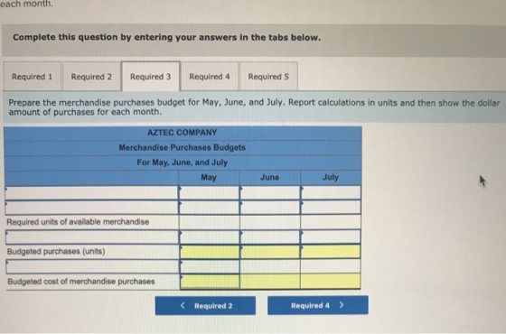 each month. Complete this question by entering your answers in the tabs below. Required 1 Required 2 Required 3 Required 4 Re