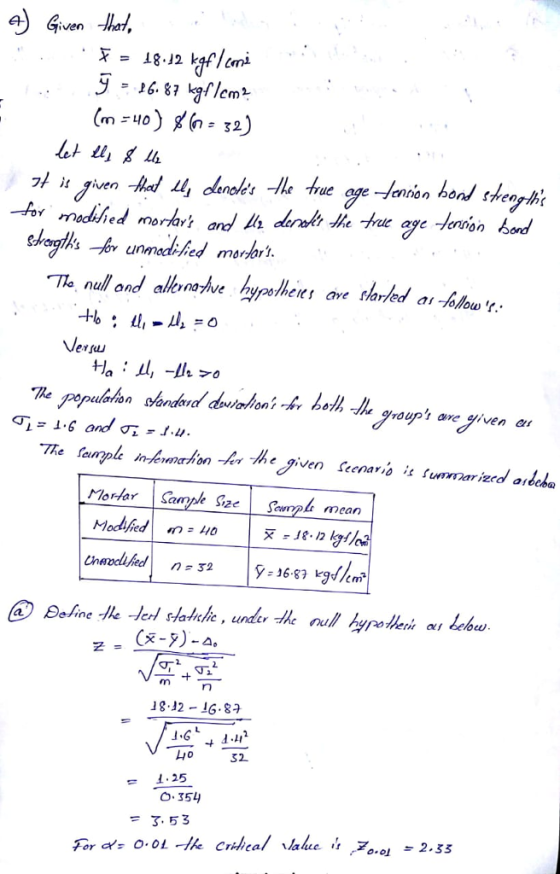 a) Gven -hai, y = 16-87 karlen? ed morlar null and alltrnave ees ave flarfed a -oow . ersu on -A he given Seenaris it summarized ordeba Mortar ample Size\ Soomb mean กา rn 18.12 1G.8 0 32 1 . 25 O.354)