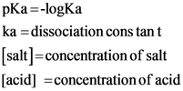 pKa=-logKa
ka =dissociation constant
[salt]=concentration of salt
facid] =concentration of acid
