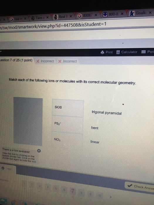 Match each of the following ions or molecules with