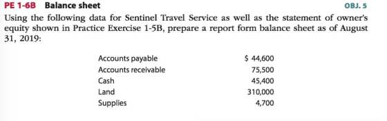 PE 1-6B Balance sheet OBJ. 5 Using the following data for Sentinel Travel Service as well as the statement of owners equity