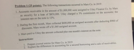 Problem 1 (25 points): The following transactions occurred in Mars Co. in 2019 1. Accounts receivable in the amount of $1,000