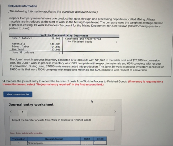 Required information (The following information applies to the questions displayed below.) Clopack Company manufactures one p