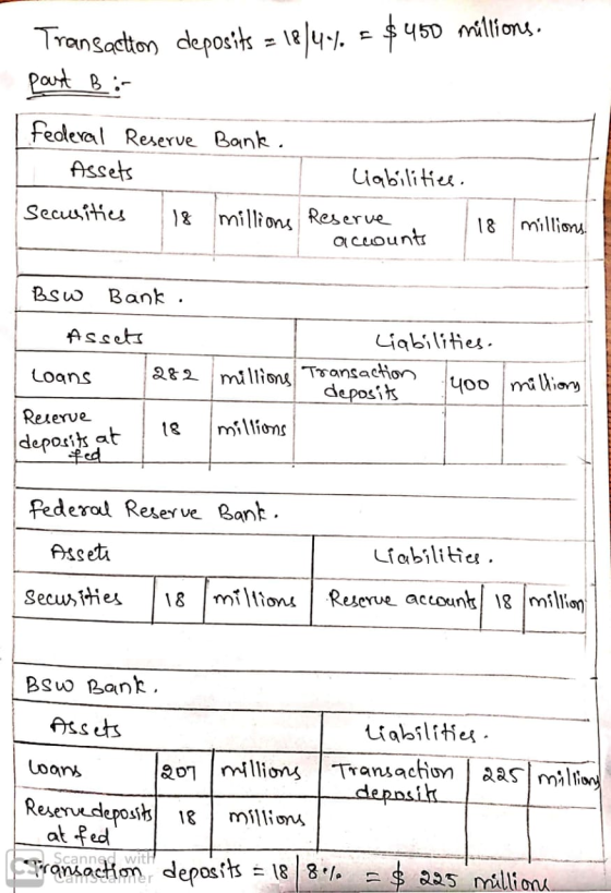 Transaction deposits = 18 ]4.4. = $450 millions. part B ir Federal Reserve Bank. Assets Ulabilities. Securities 18 millions R