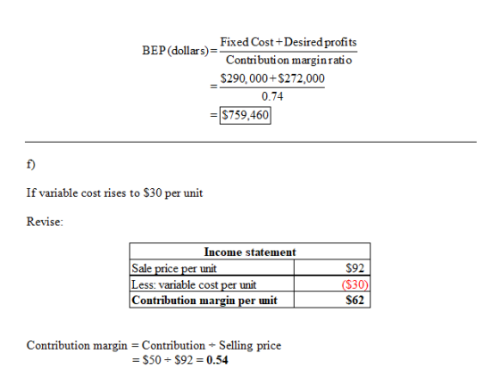 Fixed Cost+Desired profits BEP(dollars)=. Contribution margin ratio $290,000+$272.000 0.74 = 9759,460 If variable cost rises