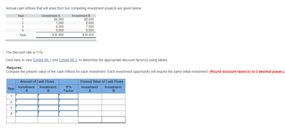 Annual cash inflows that will arise from two competing investment projects are given below: Year Investment B 6,000 7,000 8,0