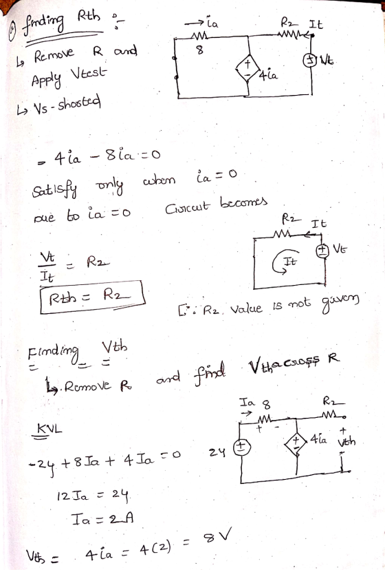 o finding Rth o →ia . R2 It M to Remove R and T8 - Apply Vtest Ls Vs - shooted - 4ia - Sias0 : Satisfy only when ?a=0 Due to