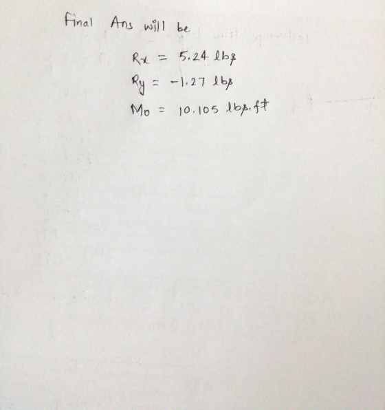 Final Ans will be Rx = 5.24 lbą Ry = -),27 dbp Mo = 10.105 lbp.ft