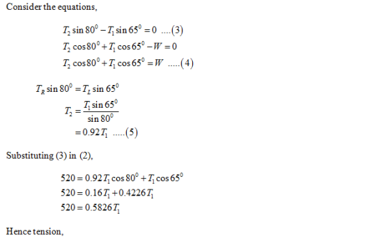 Consider the equations, T, sin 80-Tn ..3) 7, cos 80% T1 cos 65°-W-0 7, cos80%Teos 650-r (4) T^ sin 80°-T, sin 65° I^ sin 65°