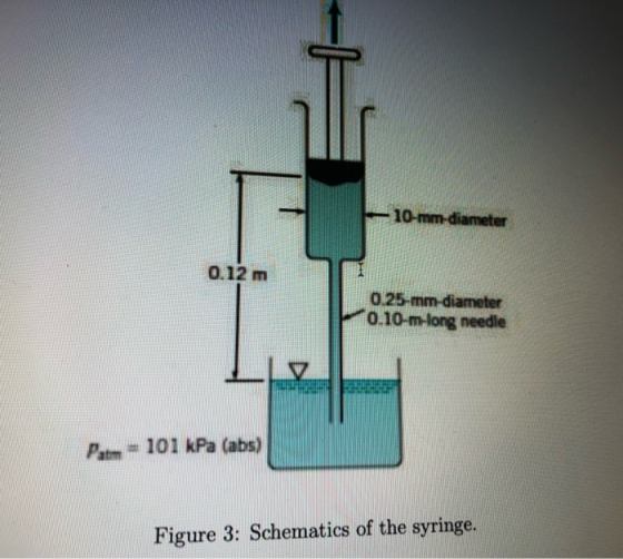 - 10-mm-diameter 0.12 m 0.25-mm-diameter 0.10-m-long needle V Patm = 101 kPa (abs) Figure 3: Schematics of the syringe.